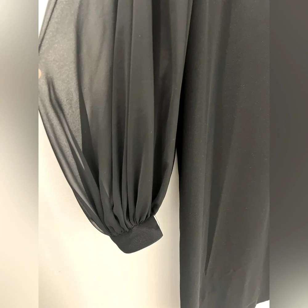 Vintage 80s Black Shift dress with long billowy sleeves and appliqués, small - Picture 3 of 8